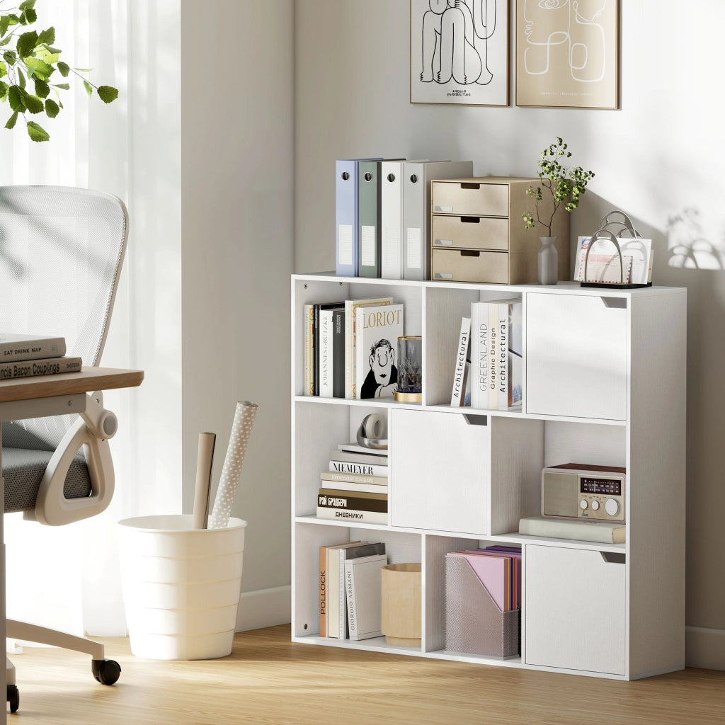 Libreria a Cubi con 6 Sezioni Aperte e 3 Chiuse 106x24x95 cm in Legno Bianco