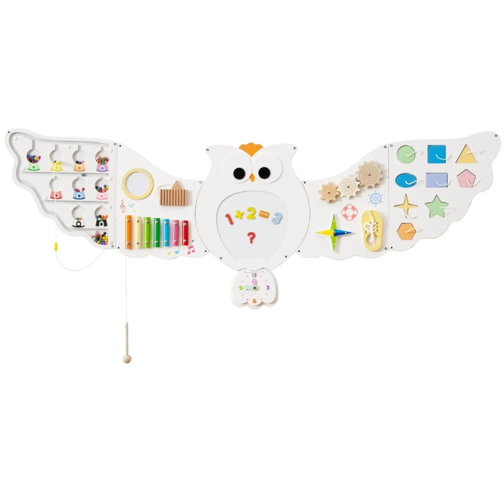 Set di 6 pannelli per attività a parete a forma di gufo 142 x 47 x 1,2 cm giochi educativi ludici design contemporaneo in MDF bianco 20_0017497