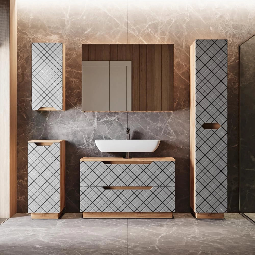 Set di mobili da bagno Lotta, Rovere/grigio con struttura in piastrelle, 4 parti