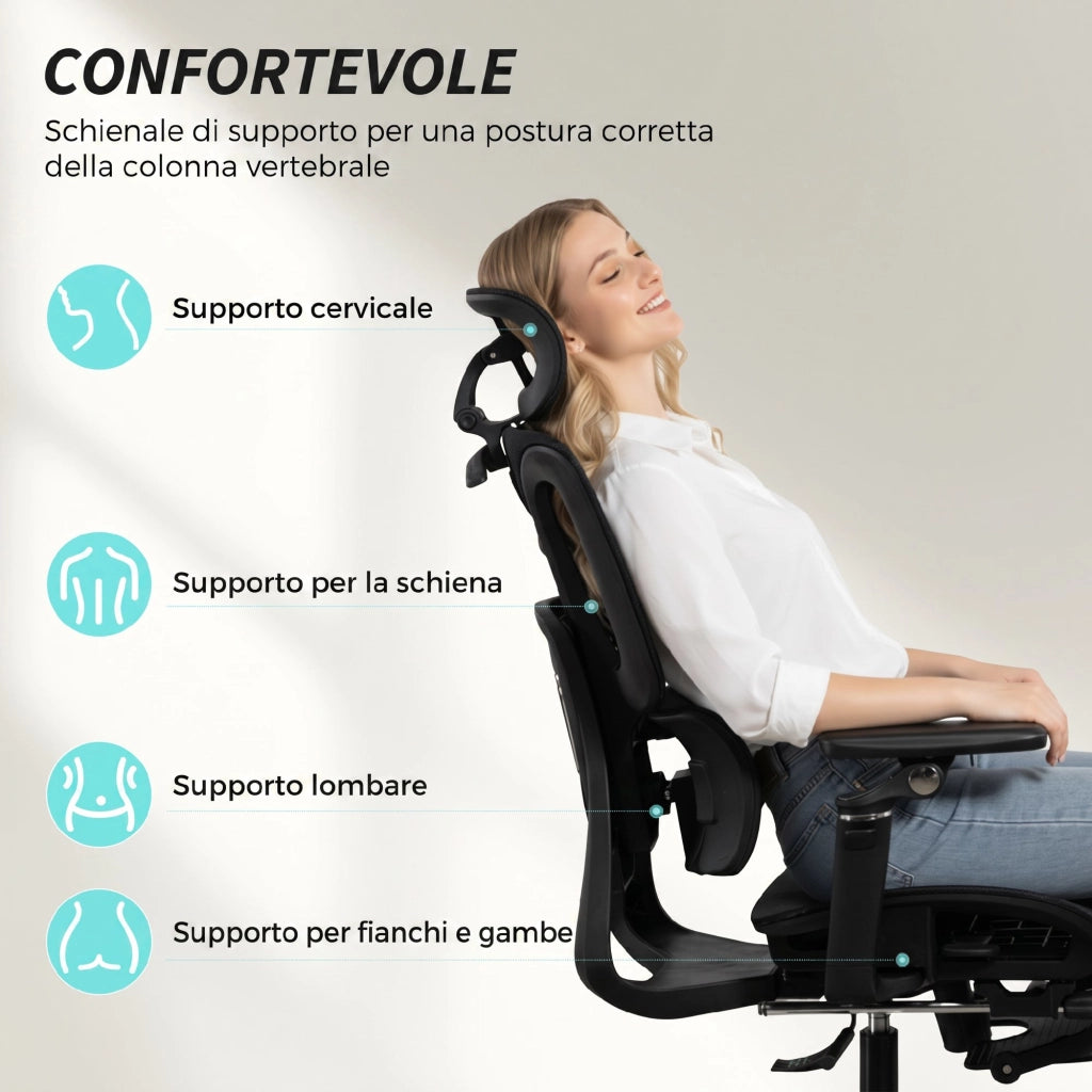 Sedia da Ufficio Ergonomica con Braccioli Poggiatesta Schienale Regolabili Funzione Dondolo in Rete Nero