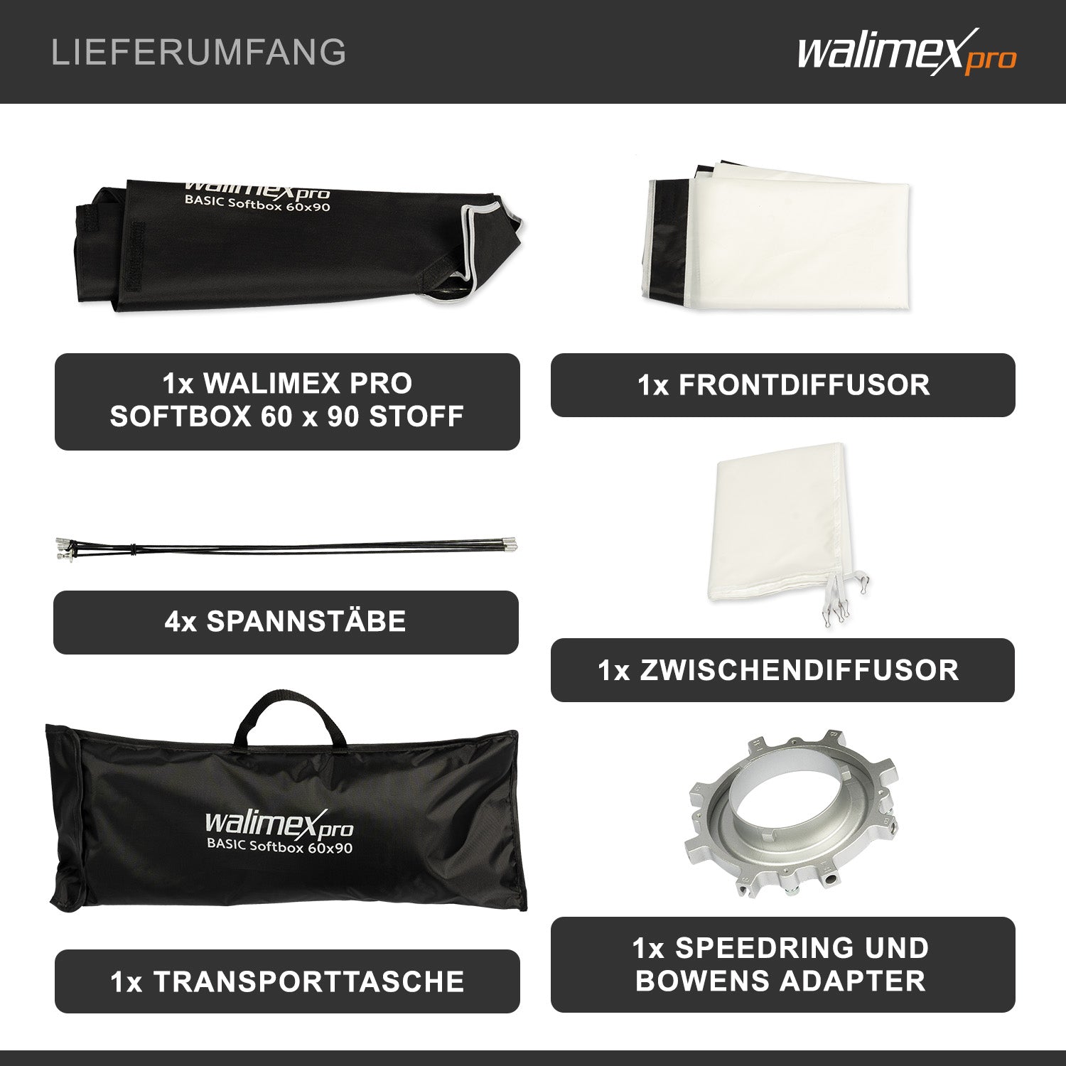 Softbox 60x90cm, girevole a 360°, incluso diffusore frontale e intermedio, borsa per il trasporto, adattatore Bowens, ideale per la fotografia di prodotti e persone