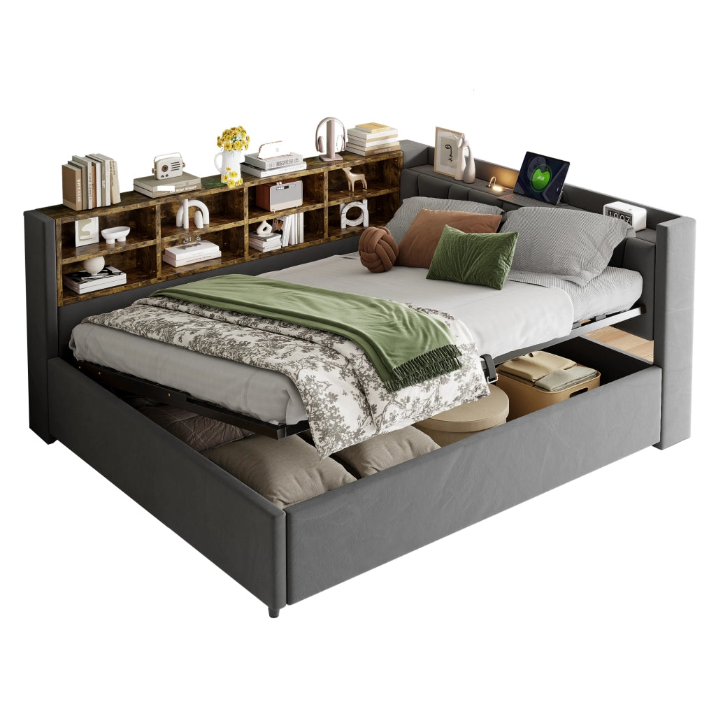 Letto imbottito matrimoniale 140×200 cm con contenitore idraulico; LED; USB; Type-C; ripiani; senza materasso; grigio