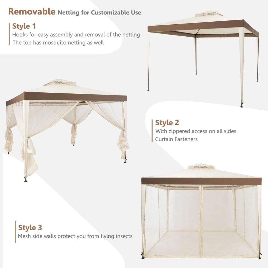Gazebo da 3 x 3 m, con Doppio Tetto, Tenda da Giardino con Tenda e Pannelli Laterali e Rete, in Metallo, Tenda Gazebo da Esterno Impermeabile e Stabile, Beige