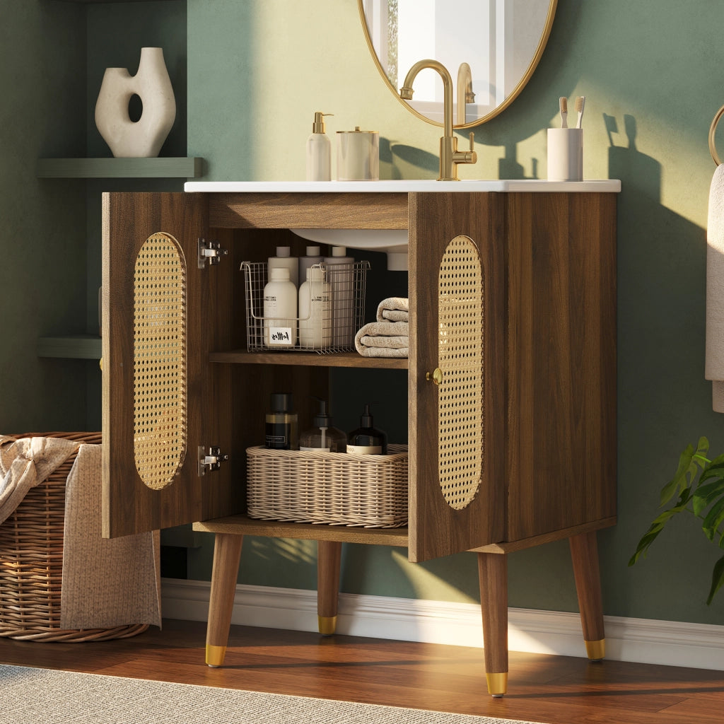 Mobile bagno con 2 ante e 2 ripiani con lavabo in ceramica; in MDF e rattan; per bagno; 61×47×89 cm