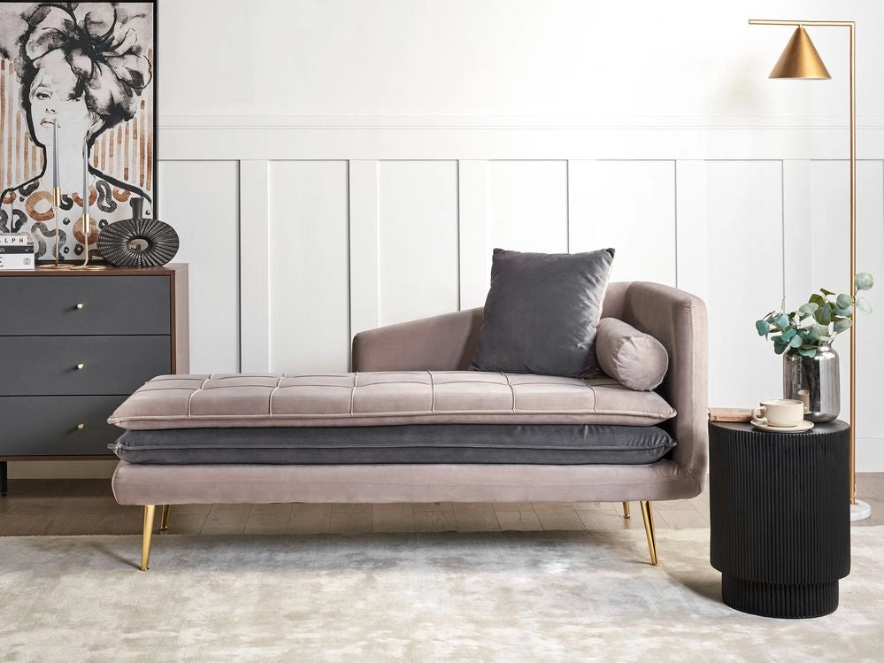 Chaise longue Beige e Grigio Velluto Mano Destra Tufted Abbottonato Spessamente Imbottito con Cuscini Mano Sinistra Mobili Soggiorno