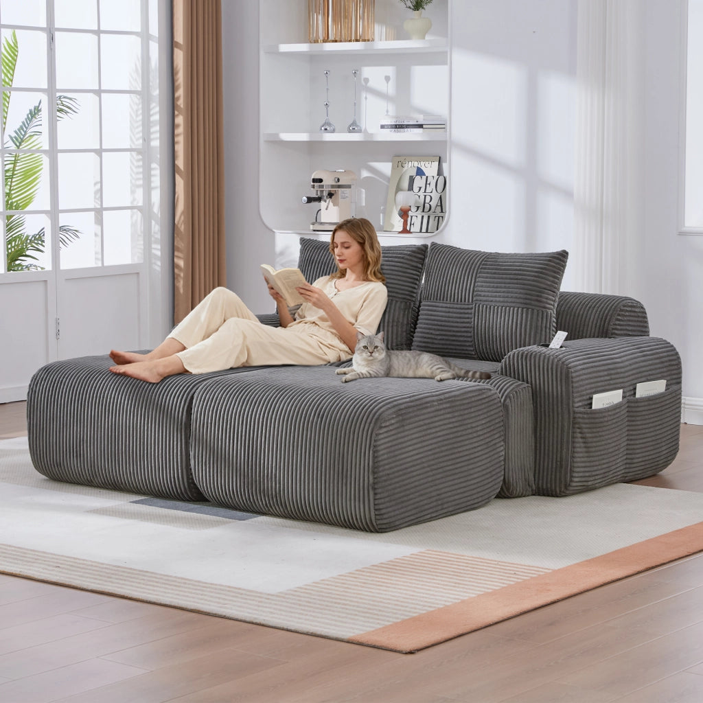 Divano modulare 2 posti con portabevande e tasca laterale in tessuto a coste grigio scuro, 200 × 174 × 80 cm