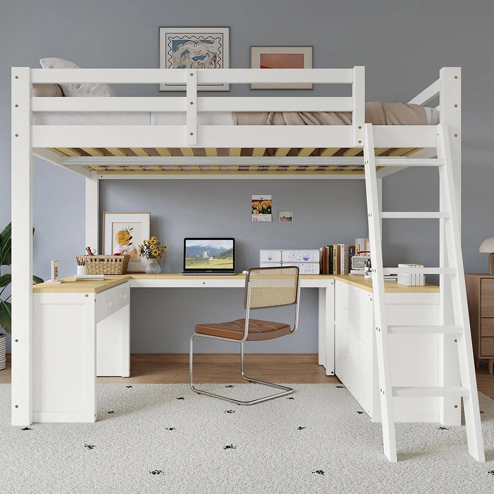 Letto a soppalco-Xylo-140x200cm tavolo a U 2 cassetti pino+MDF