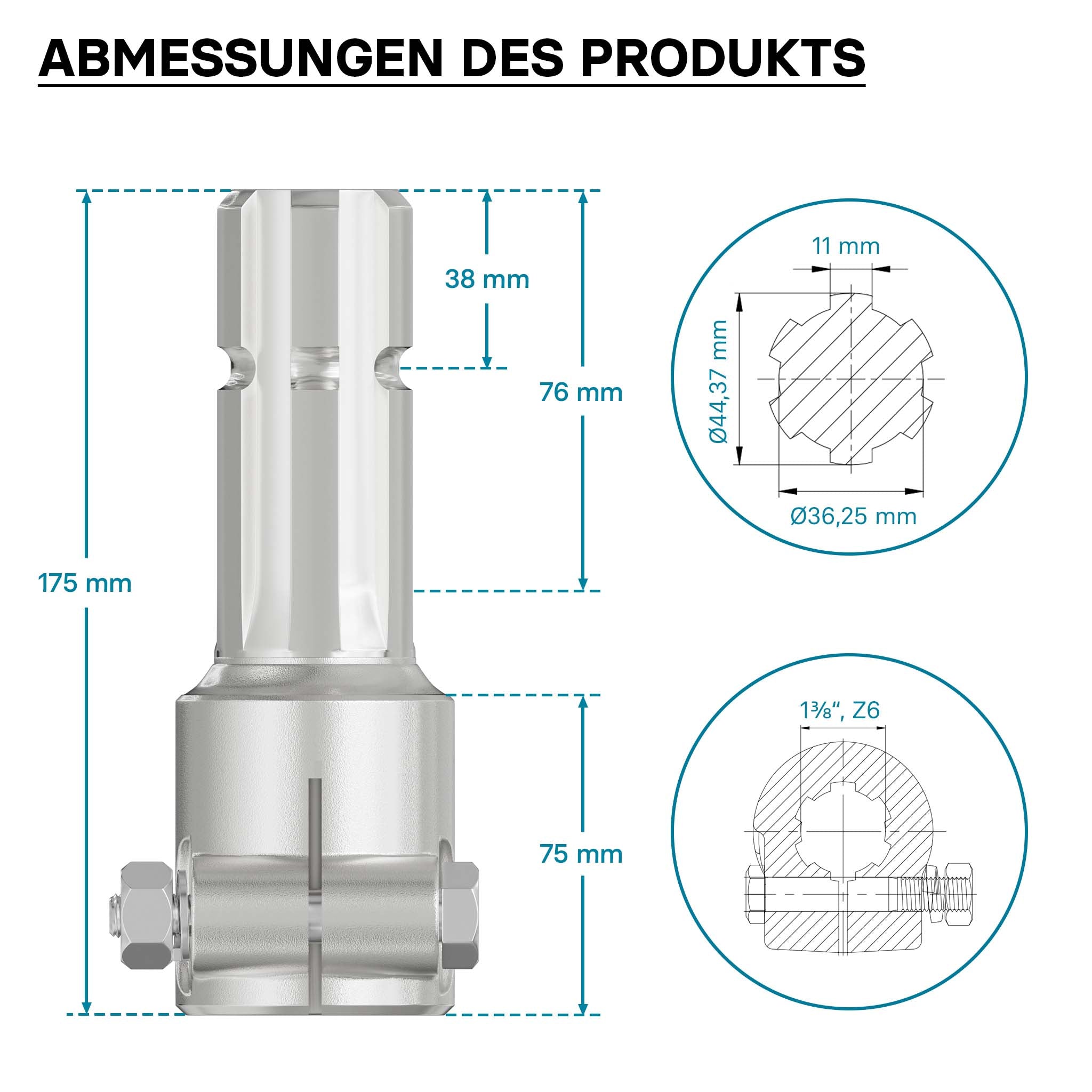 Boccola albero cardanico 175 mm Attacco albero scanalato 1 3/8" 6D Albero uscita 1 3/4" 6D Trattore