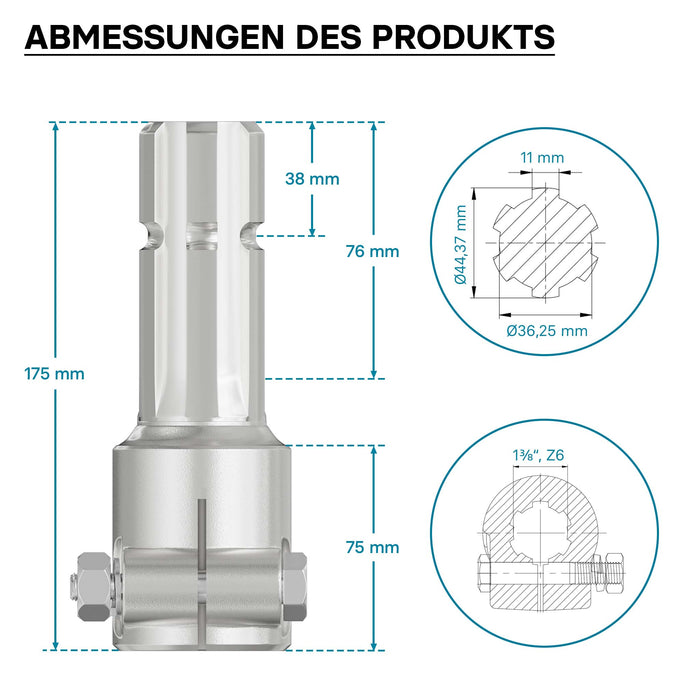 Boccola albero cardanico 175 mm Attacco albero scanalato 1 3/8" 6D Albero uscita 1 3/4" 6D Trattore