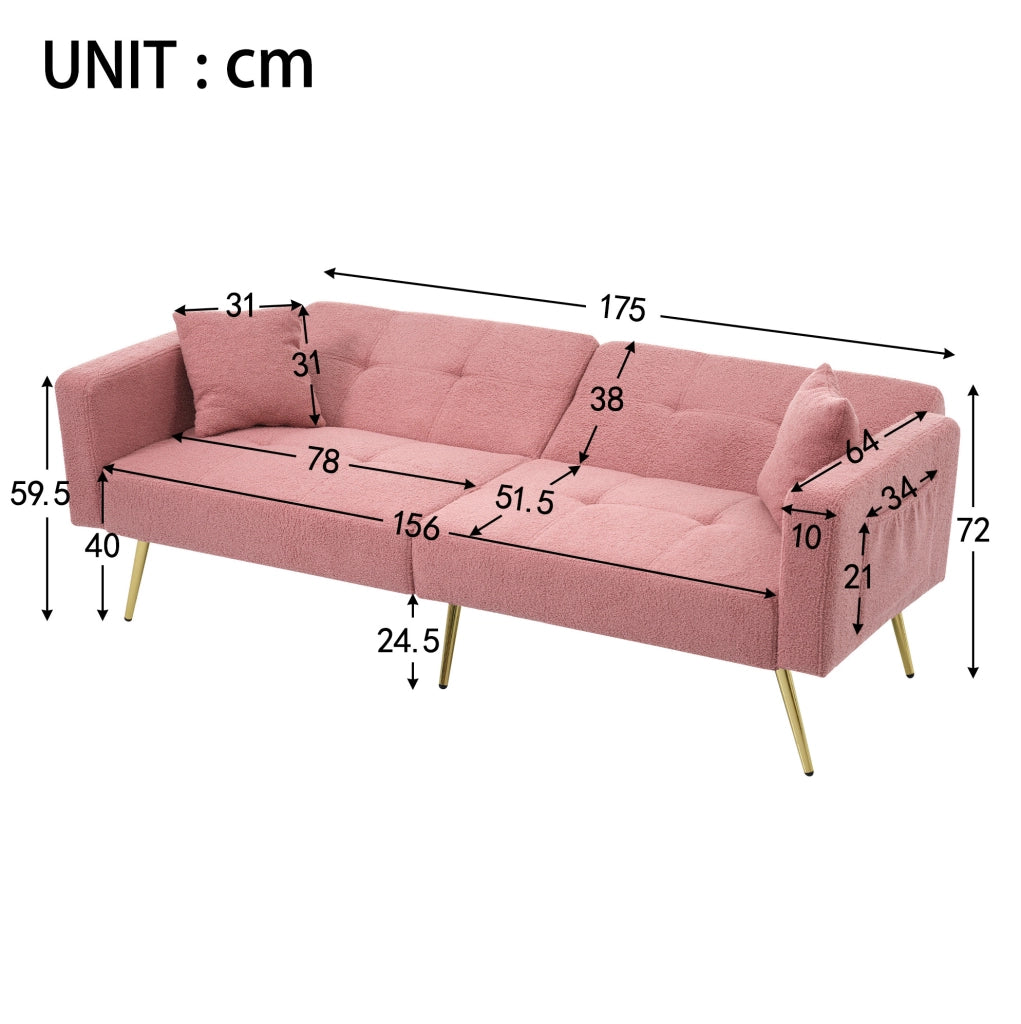 Divano letto convertibile reclinabile 175x64x72 cm in tessuto sherpa rosa; con tasche laterali