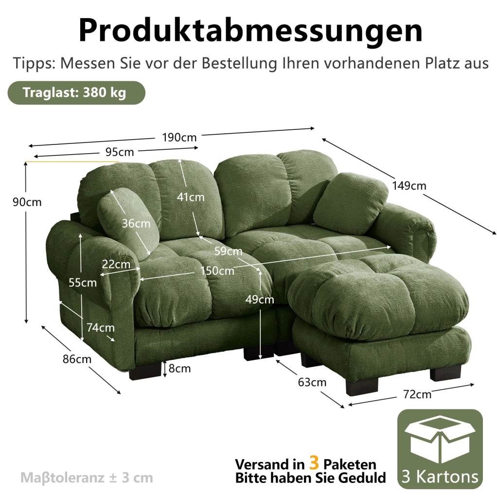 Divano in ciniglia con ottomana mobile; configurazione a L; 190x149x90 cm; verde