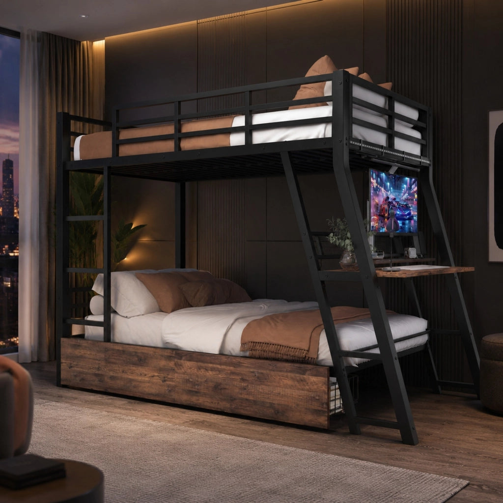 Letto a soppalco 90x200 cm con scrivania, LED e cassetti nero