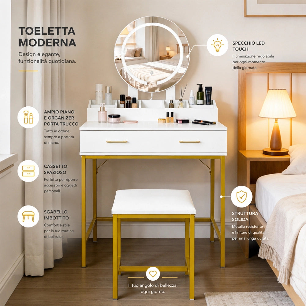 Toeletta Trucco con Sgabello e Specchio Luce LED Postazione Makeup 80x45x141cm