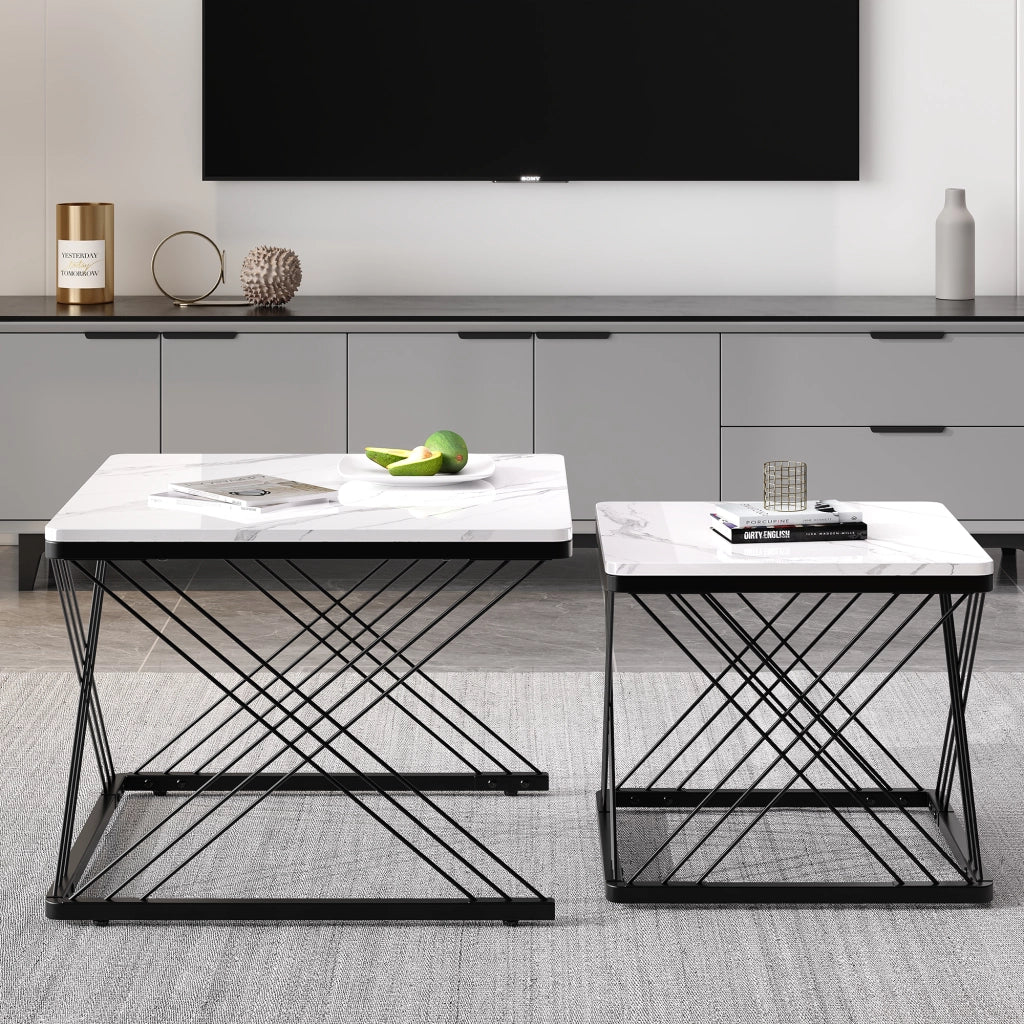 Set di 2 tavolini da caffè 60x60x45 cm e 45x45x40 cm; effetto marmo lucido; MDF; bianco nero