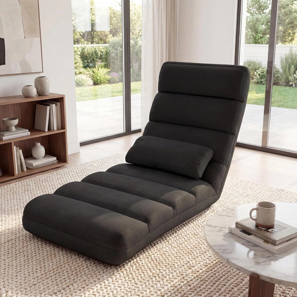 Poltrona Relax, Sedia Pieghevole da Pavimento, Divano Letto da Terra con Cuscino e Schienale Regolabile in 5 Posizioni, Sedia Imbottita Relax per Soggiorno, Camera da Letto (Nero)
