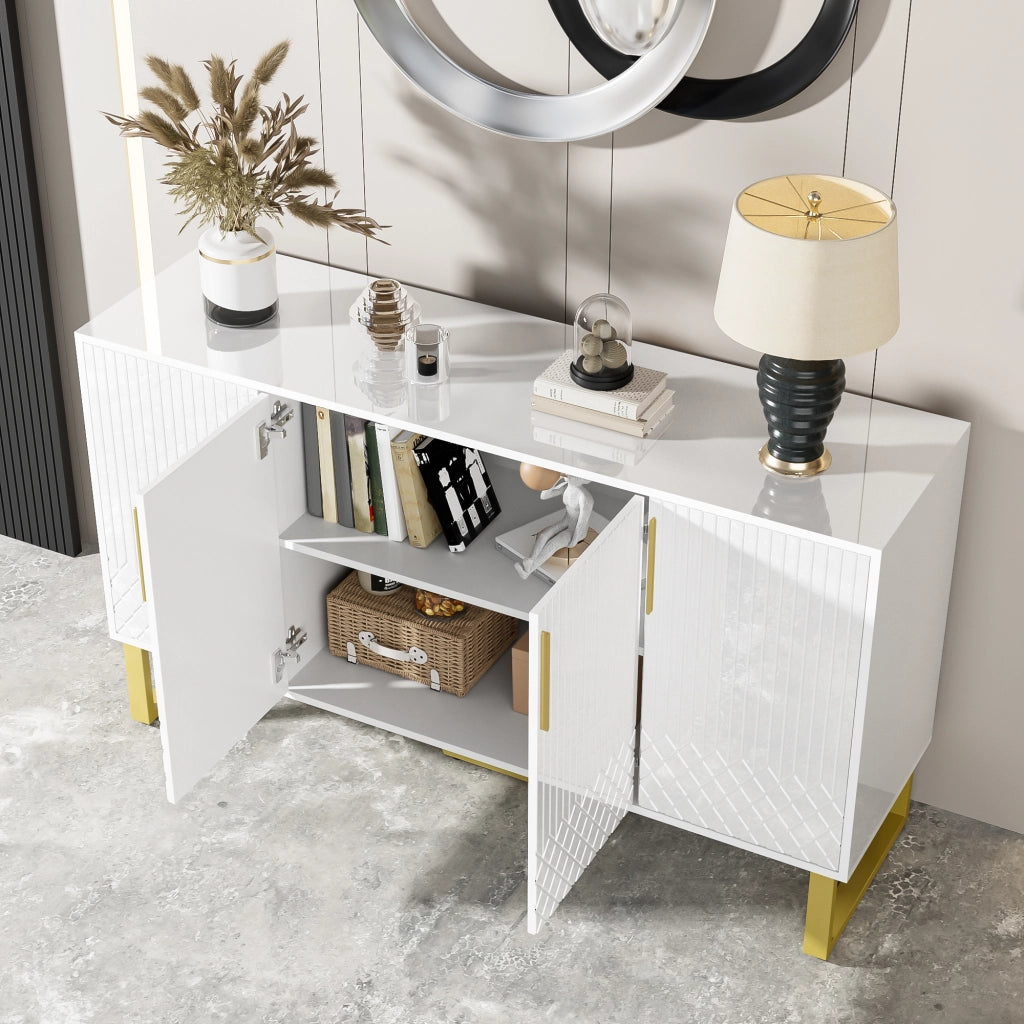 Credenza 4 Ante ¨C Xylo ¨C Bianco Lucido, Gambe e Maniglie in Metallo, 140x40x80