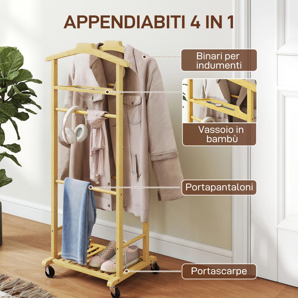 Indossatore Servomuto 4 in 1 a Rotelle 47x33,7x105,5 cm con 2 Aste Vassoio Svuota Tasche e Ripiano per Scarpe in Bambù