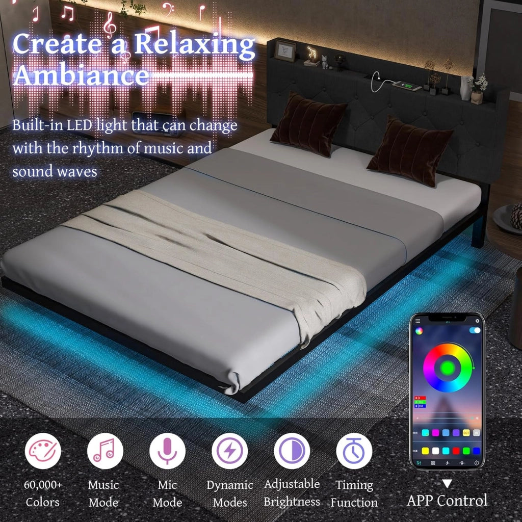 Letto Matrimoniale 140 x 200 Testiera con Luci LED, Struttura Letto a Doghe Carico 300 kg，Lettino con Struttura Moderno, Senza Materasso，Nero