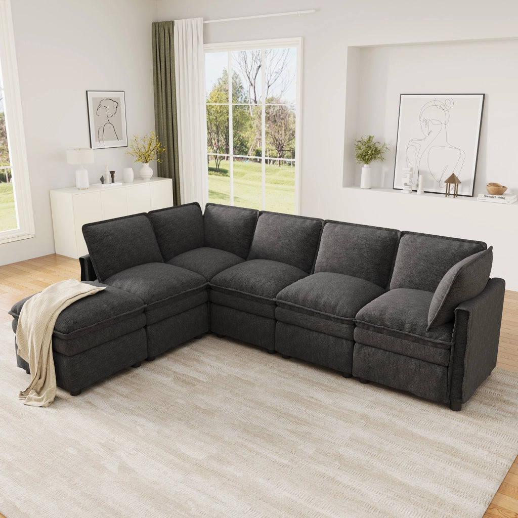 DIVANO modulare con funzione letto 344x127x91 cm in chenille grigio con pouf