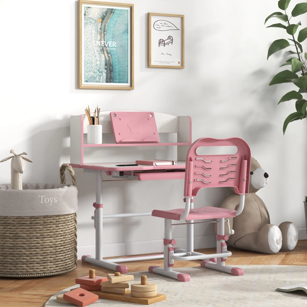Set Scrivania per Bambini con Sedia Regolabile in Altezza e Piano Inclinabile, Et¨¤ 6-12 Anni, Rosa