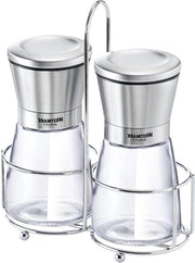 Molinello per pepe e sale 3 in 1 con piedistallo e manico portatile in acciaio inox/vetro/ceramica - accessorio da cucina - trasparente/argento/nero