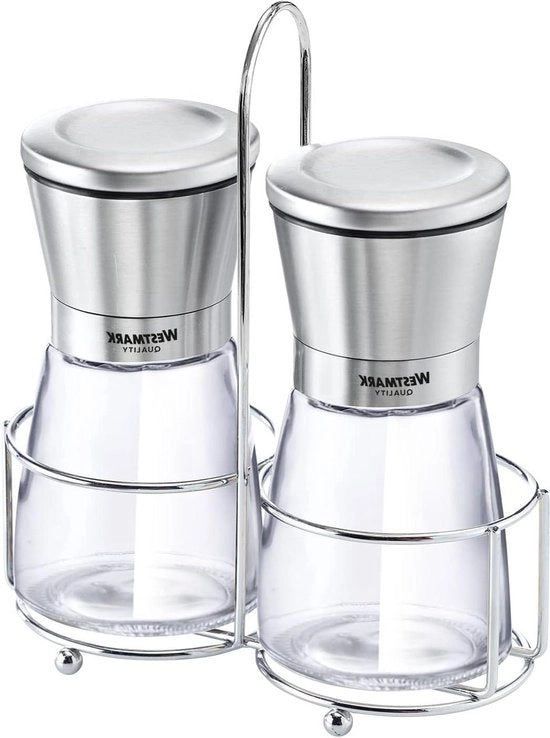 Molinello per pepe e sale 3 in 1 con piedistallo e manico portatile in acciaio inox/vetro/ceramica - accessorio da cucina - trasparente/argento/nero