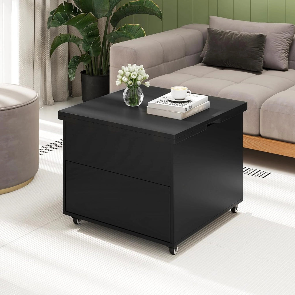 Tavolino da Caffè con Piano Sollevabile, Tavolo Moderno 3 in 1 Pieghevole con Contenitore Nascosto, Cassetto e Ruote Girevole 360°, Tavolino Versatile per Soggiorno e Ufficio (Nero)