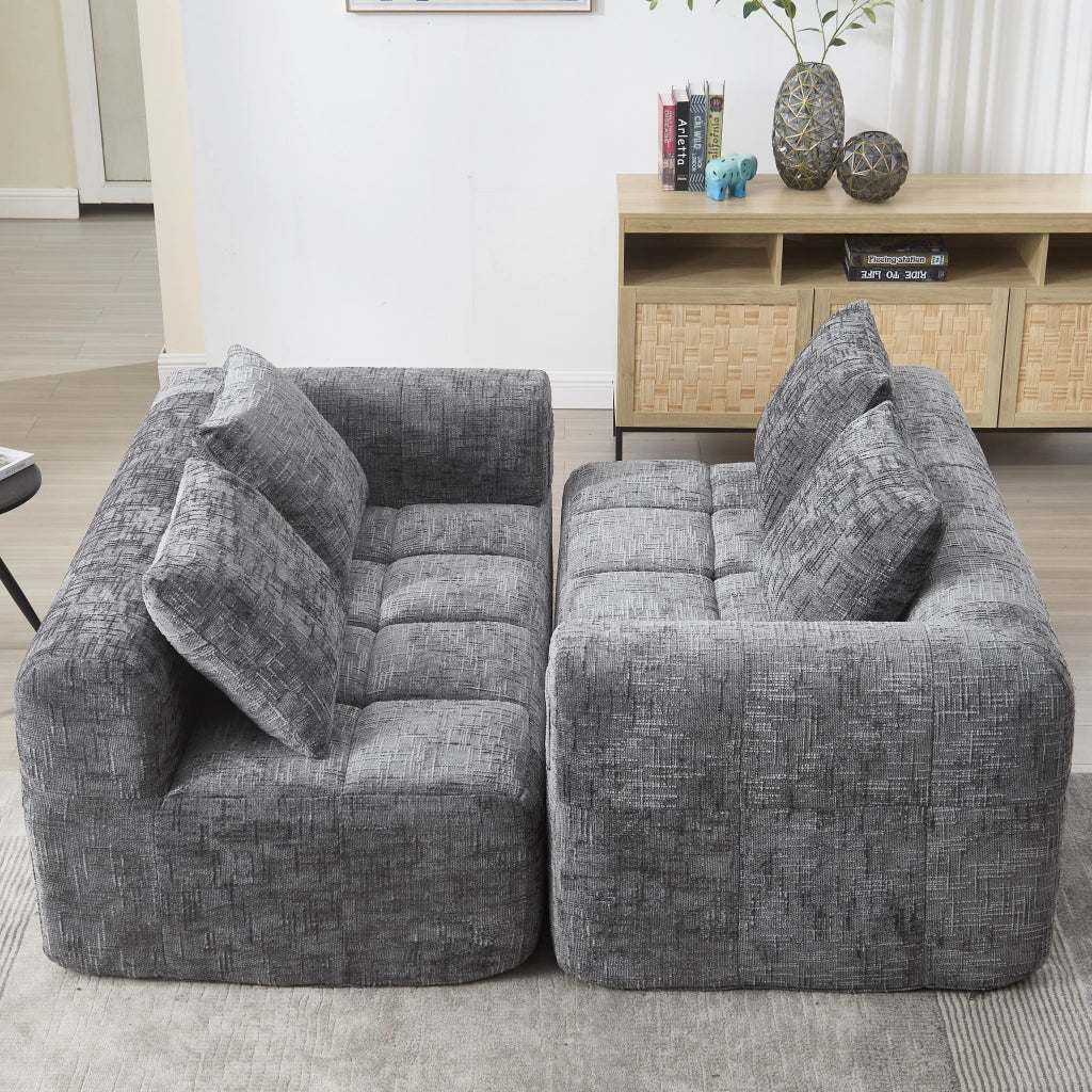 Divano a 2 Posti con Chaise Longue; Cuscino e Tasche Laterali; in Ciniglia; Grigio; 158 × 90 × 60 cm