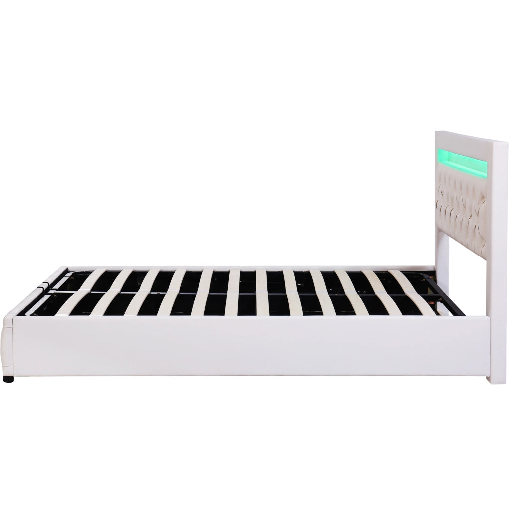 Letto imbottito 140x200 cm con rete a doghe, contenitore e LED