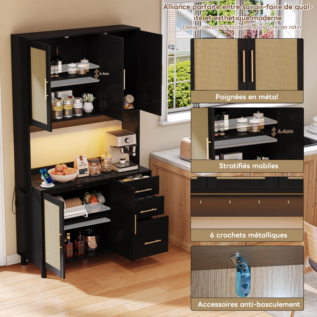 Credenza da Cucina con 3 Cassetti 3 Ante LED; Prese e USB; Ripiani Regolabili; in MDF; Nera