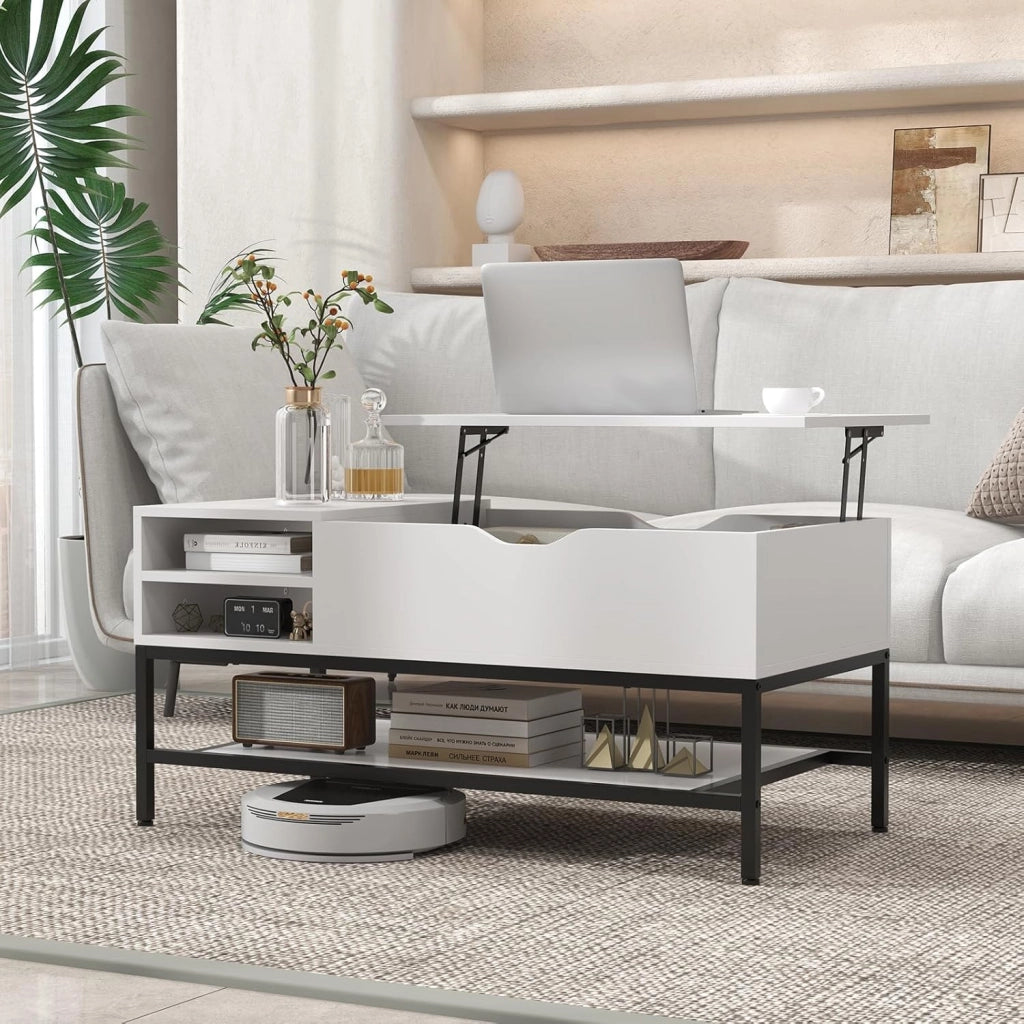 Tavolino da Salotto, Tavolino da Caffè con Piano Sollevabile, Vano Nascosto e Ripiano Rimovibile, Tavolino Basso in Legno e Metallo per Soggiorno e Sala, 100 x 50 x 48-61 cm (Bianco)