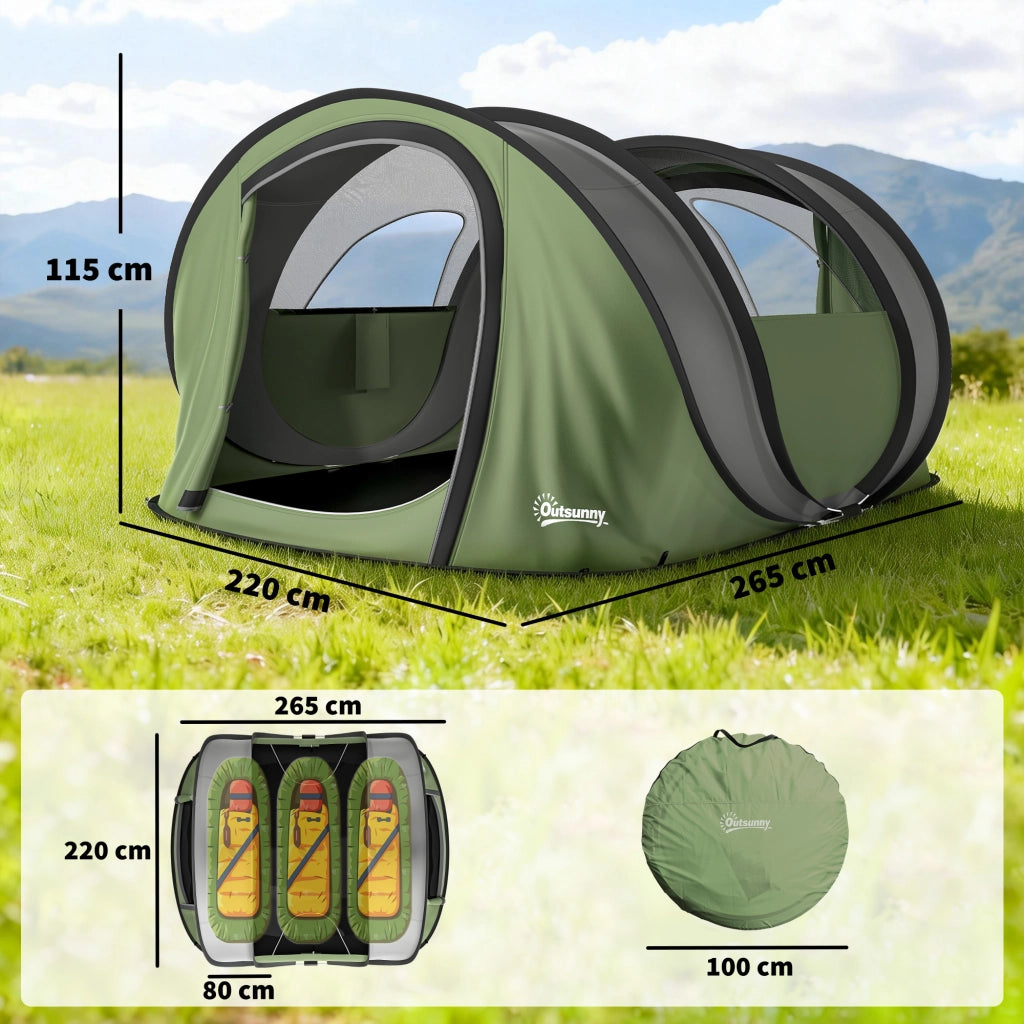 Tenda da Campeggio Pop-Up 4-5 Persone. 2 Porte. 2 Finestre. Impermeabile. Verde