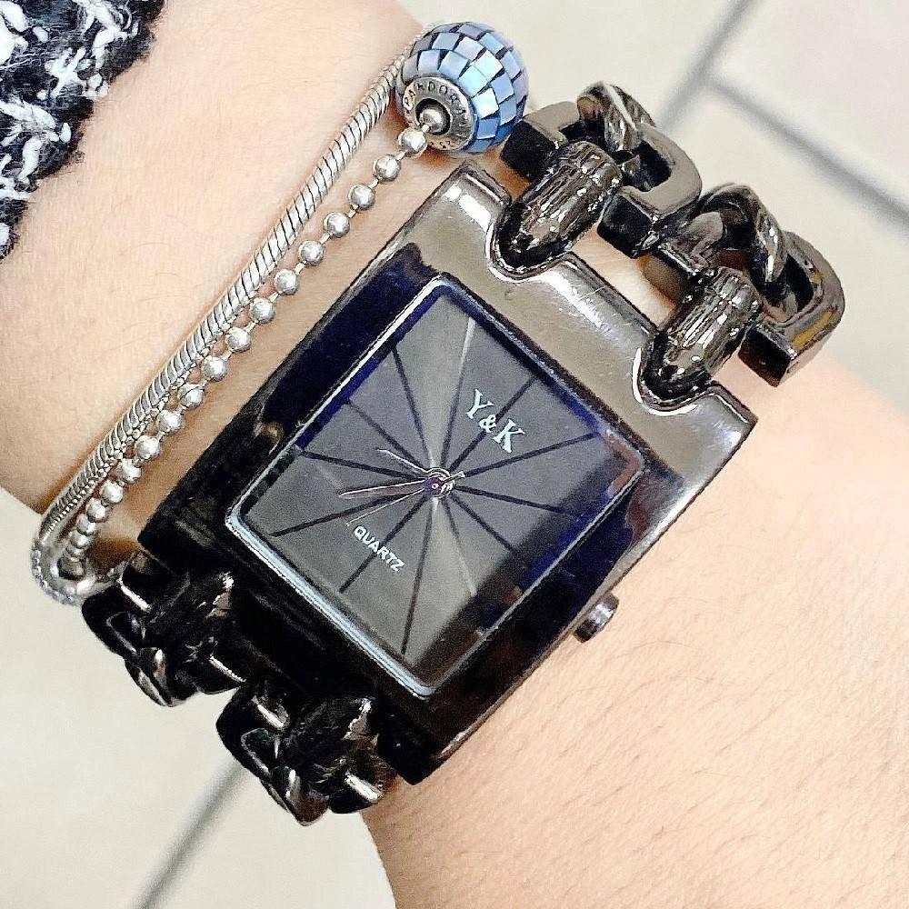Trade Shop - Orologio Donna Da Polso Y&k Analogico Quarzo Moderno Casual Moda Bracciale Nero -