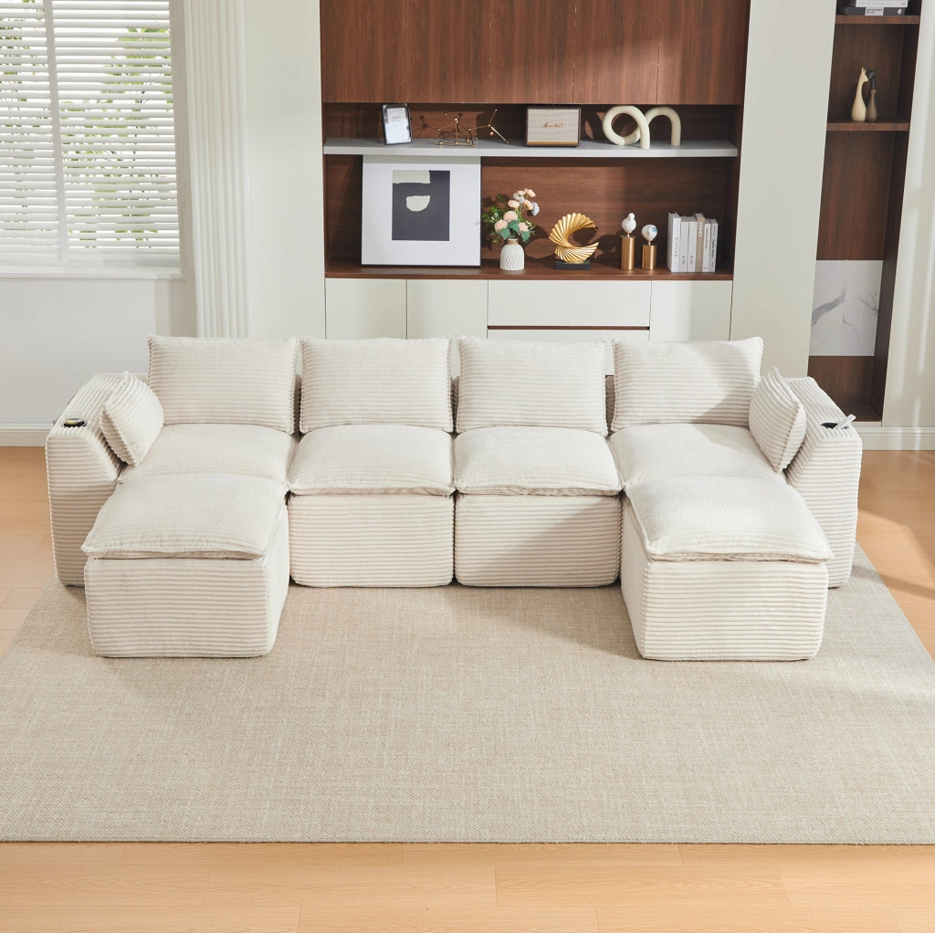 Divano modulare 4 posti con pouf, tessuto a coste beige, cuscini, portabicchieri e tasche laterali
