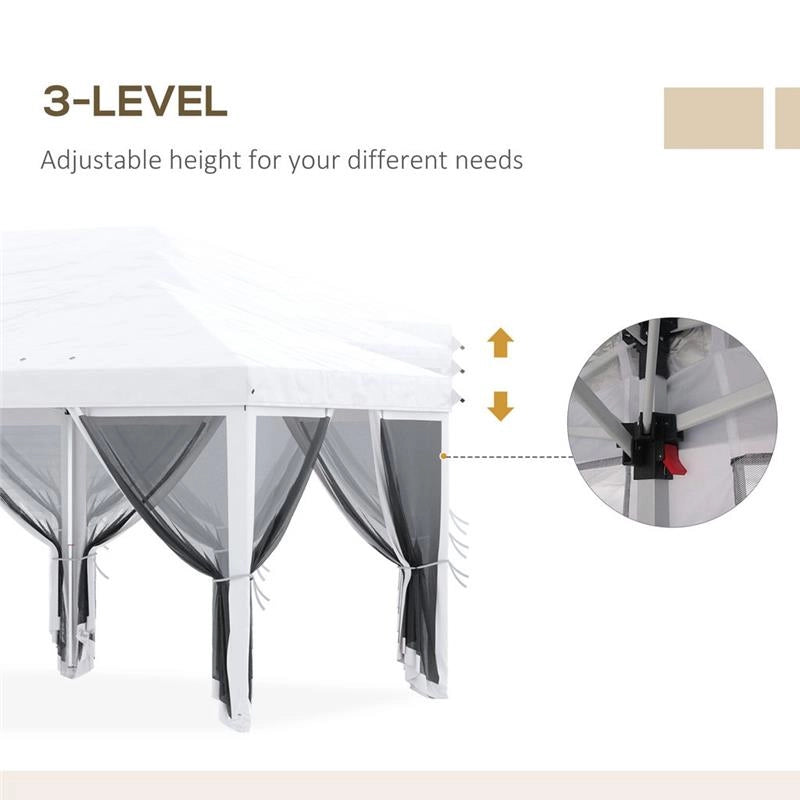 GAZEBO PIEGHEVOLE CON 6 TENDE ZANZARIERA E STRUTTURA IN ACCIAIO, 585X295X270CM, BIANCO CREMA