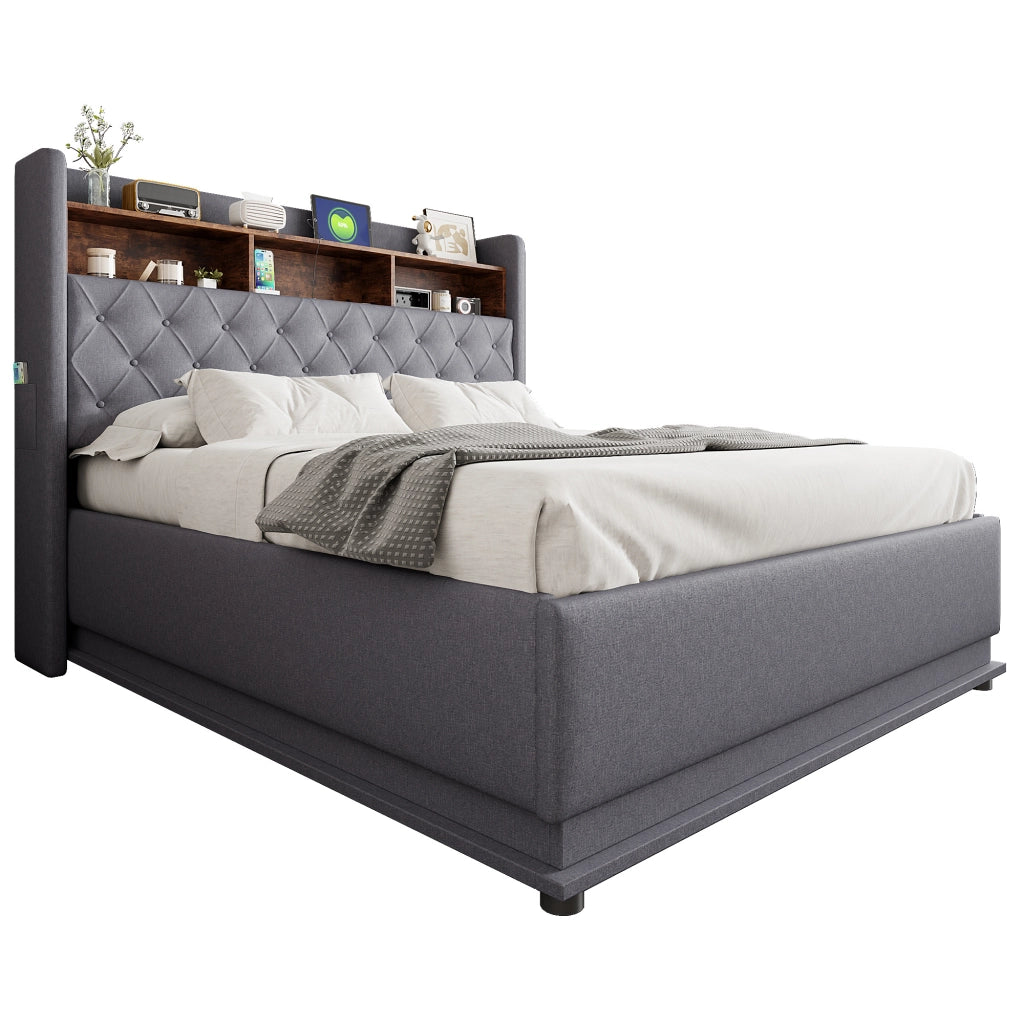 Letto Contenitore 160 x 200 cm con LED; USB e vano idraulico in Tessuto Grigio