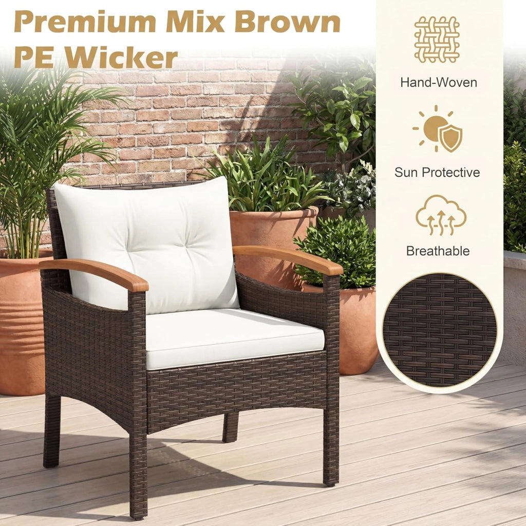 Set di Mobili a 3 Pezzi, Set da Bistrot in Rattan per Esterni con Tavolino, Cuscini Morbidi, Set da Conversazione in Legno d'Acacia per Patio, Cortile, Bordo Piscina (Bianco)