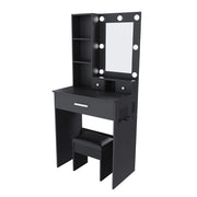 Toeletta con specchio e LED a 3 modalità; presa e supporto asciugacapelli per camera da letto; in MDF; nero; 60×38×131.5 cm