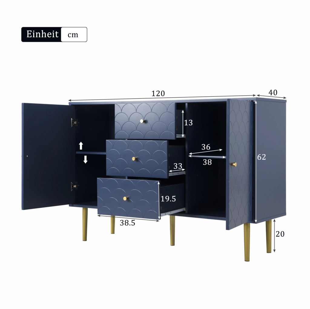 Credenza con 2 ante e 3 cassetti 120x40x83 cm in truciolare e metallo; blu navy