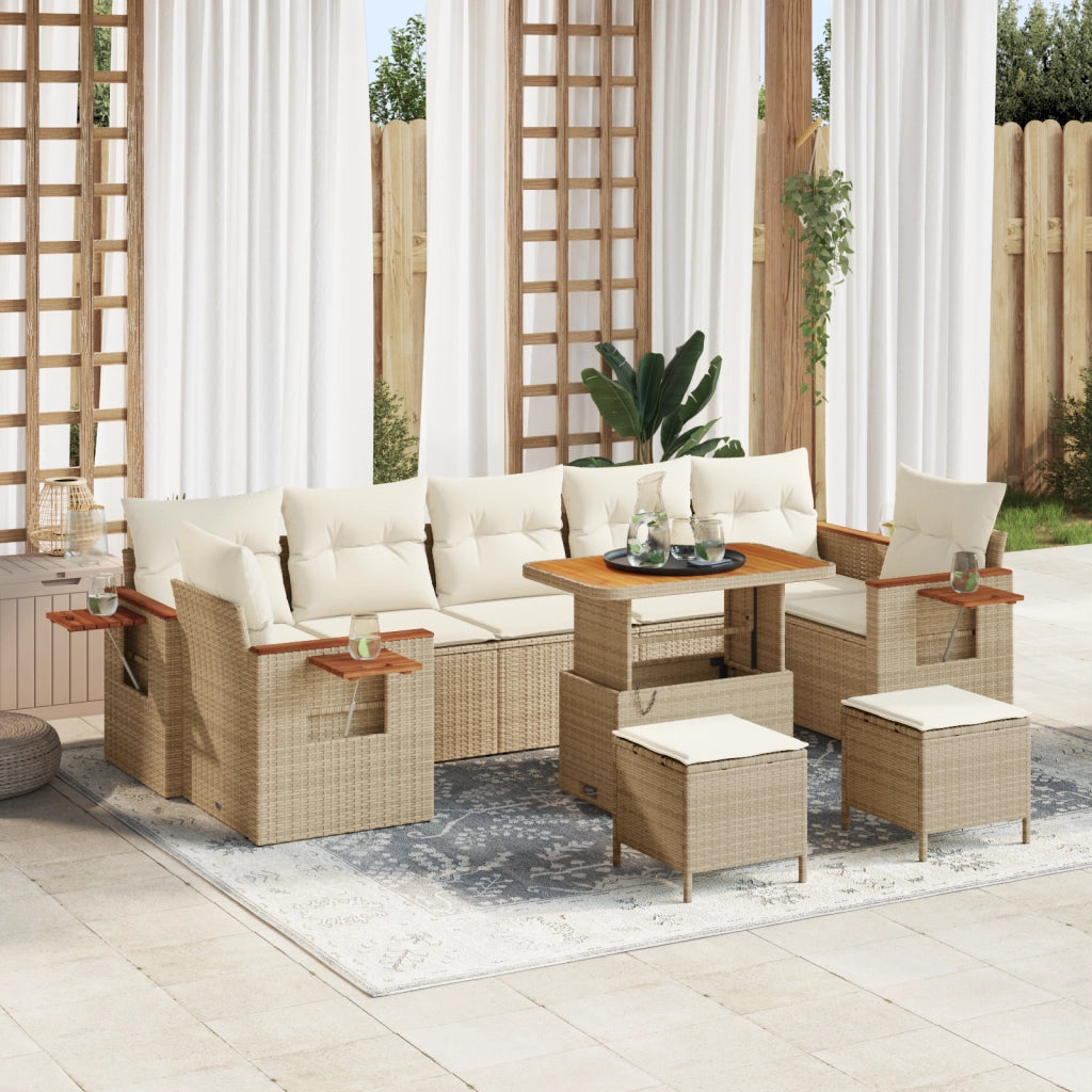 Set divano da giardino 10 pezzi  con cuscini beige in polirattan e legno