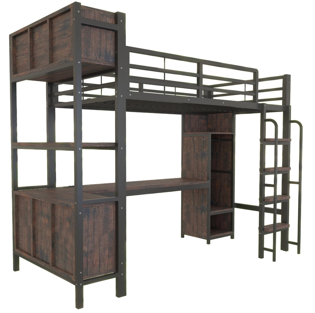 Letto a soppalco 90x200 cm con scrivania; armadio e LED in metallo nero