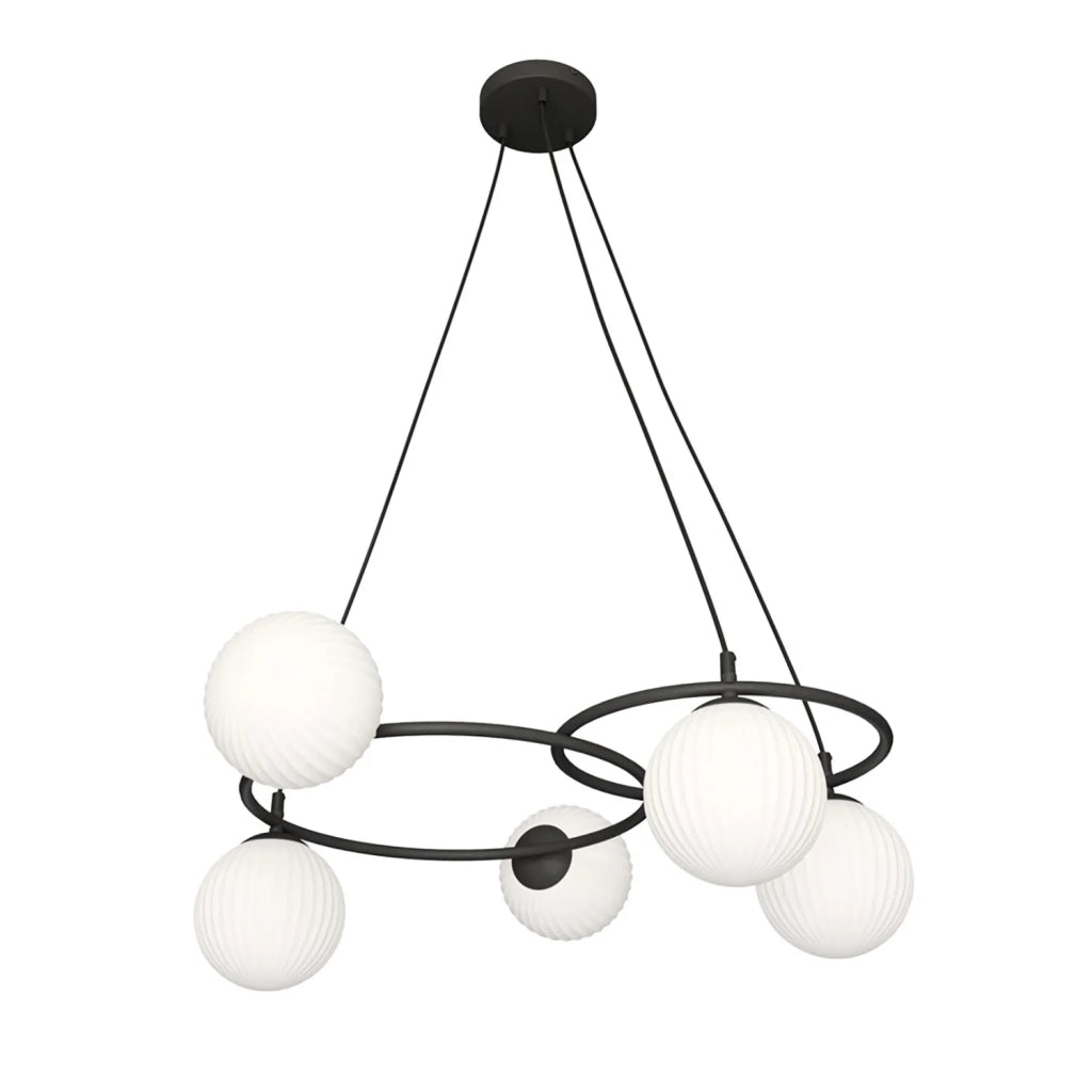 Lampadario 5 Luci Eolo A Cerchi E Diffusori In Vetro Rigato Opale