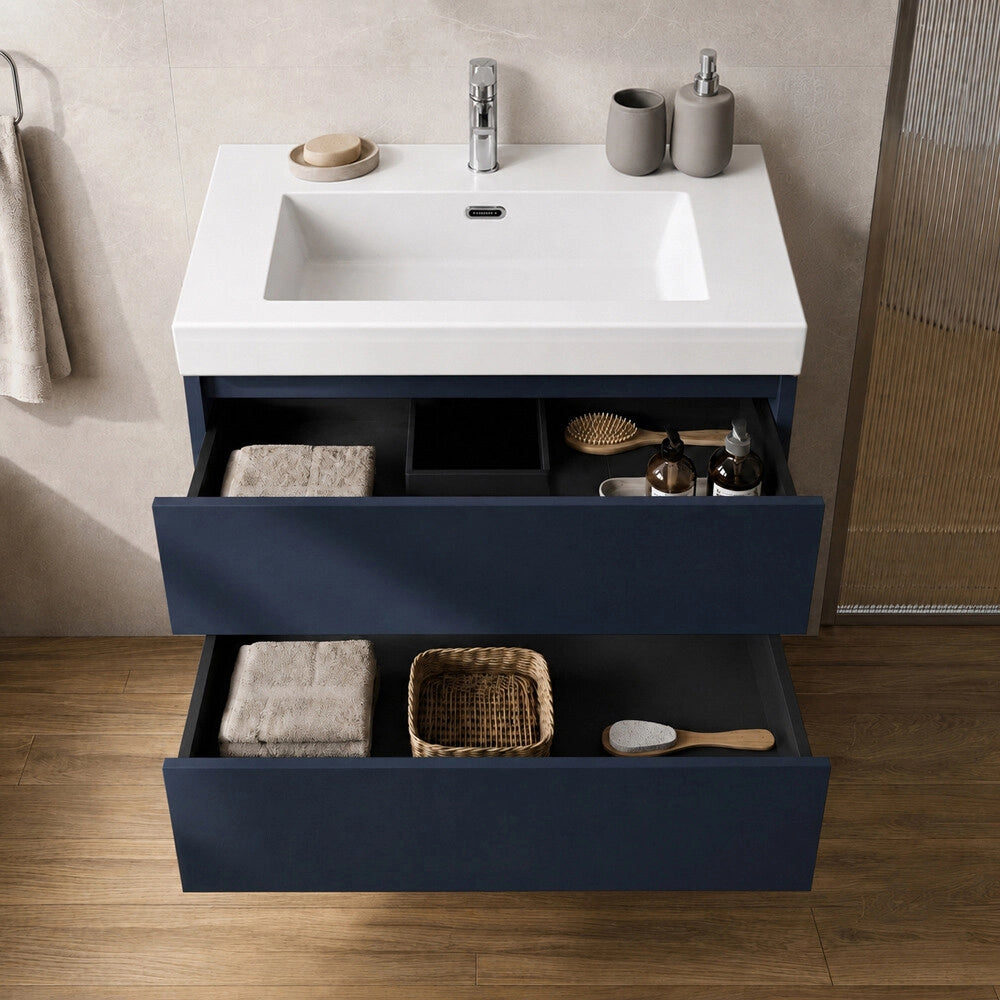 Mobile bagno sospeso 80 cm blu due cassetti push-pull e lavabo in resina Tierra
