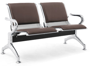 Panca per Sala Attesa 2 Posti da Ufficio con Cuscino in Acciaio e Similpelle Argento/Marrone Scuro