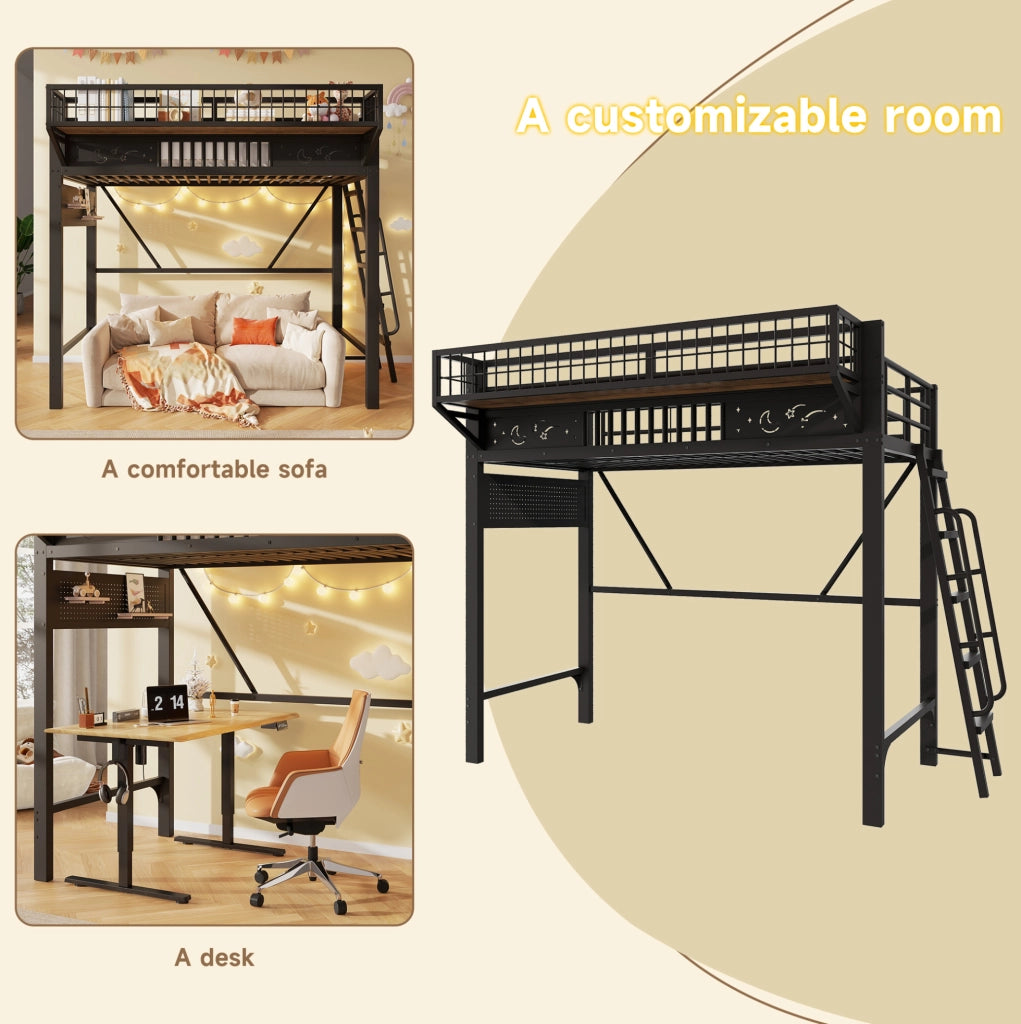 Letto a soppalco 90x200 cm in metallo nero con vani portaoggetti e scala reversibile; senza materasso