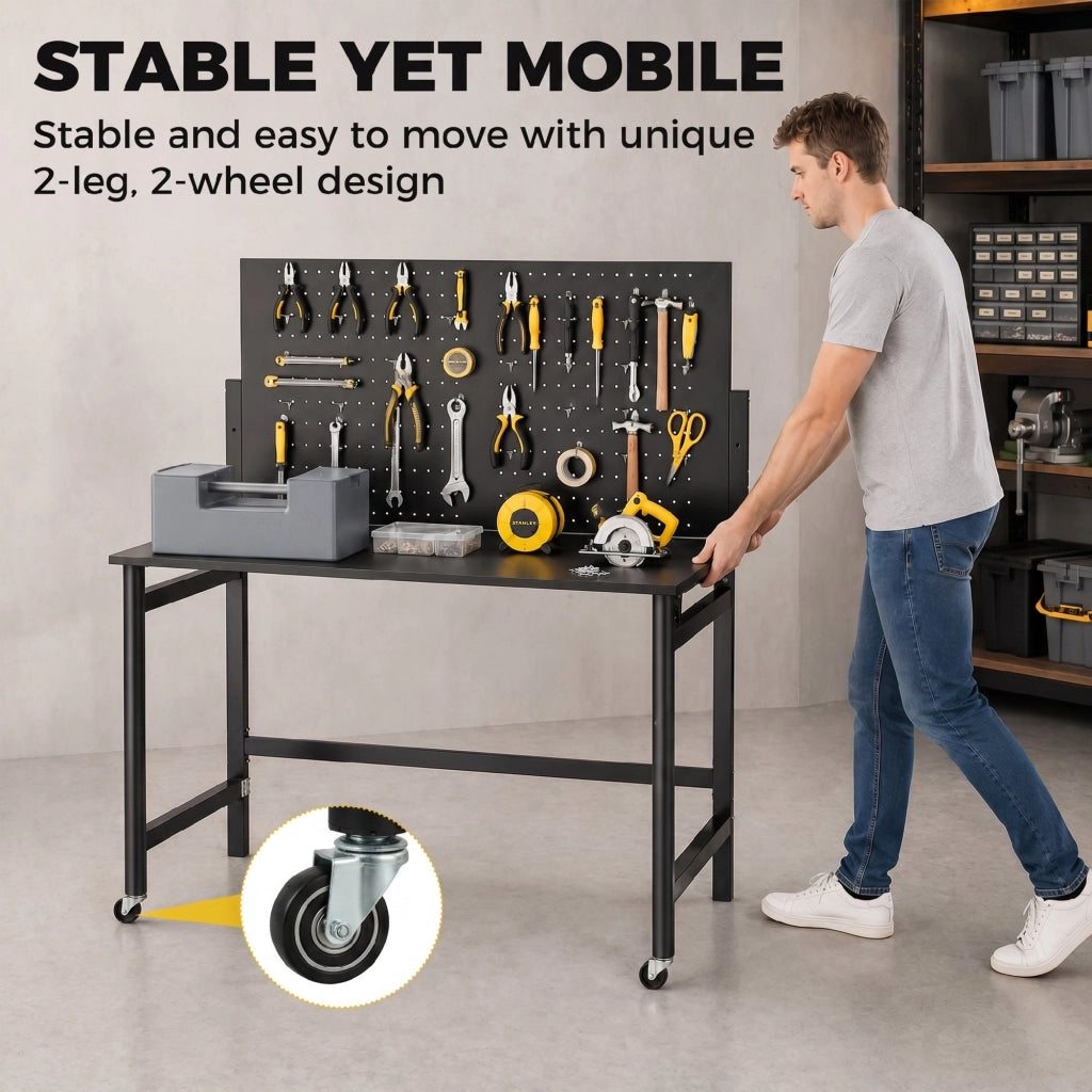Banco da Lavoro Pieghevole Portatile 115x62x143,5 cm con Pannello Perforato Piano Spesso in Legno Struttura in Acciaio
