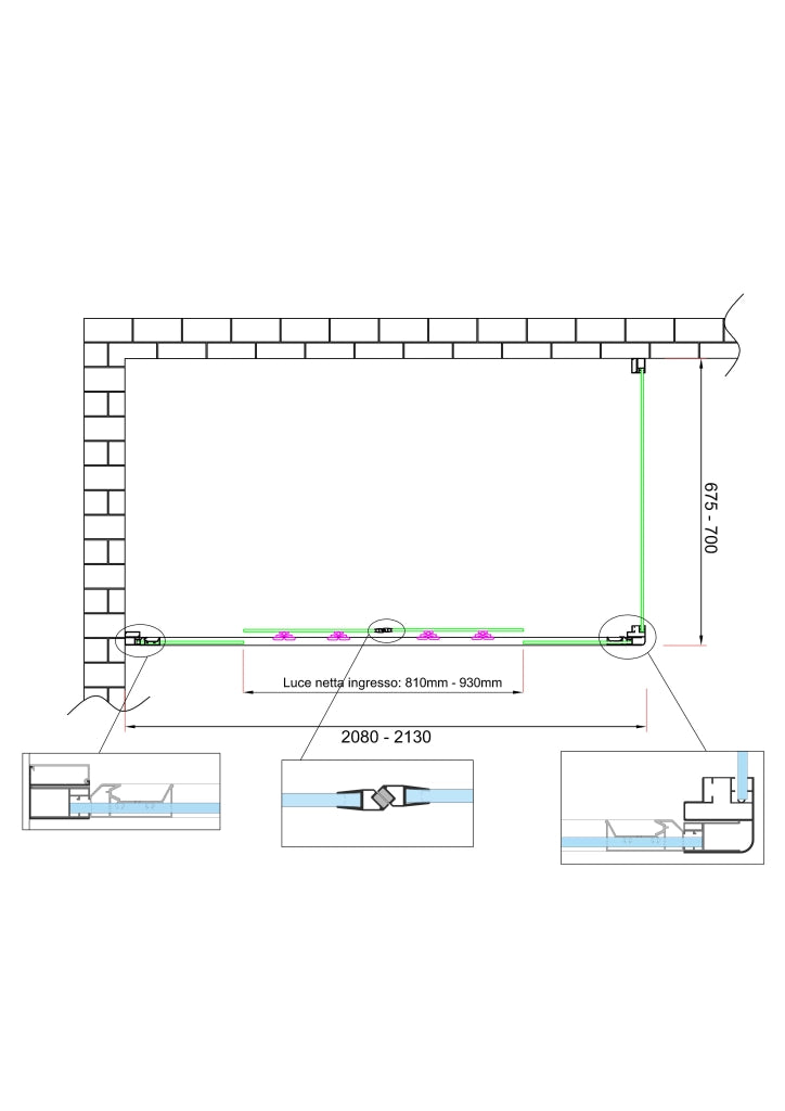 Box doccia 6 mm H 190 parete fissa e porta a 4 ante con apertura centrale MISURA 67,5-70 ANTA FISSA + PORTA 208-213