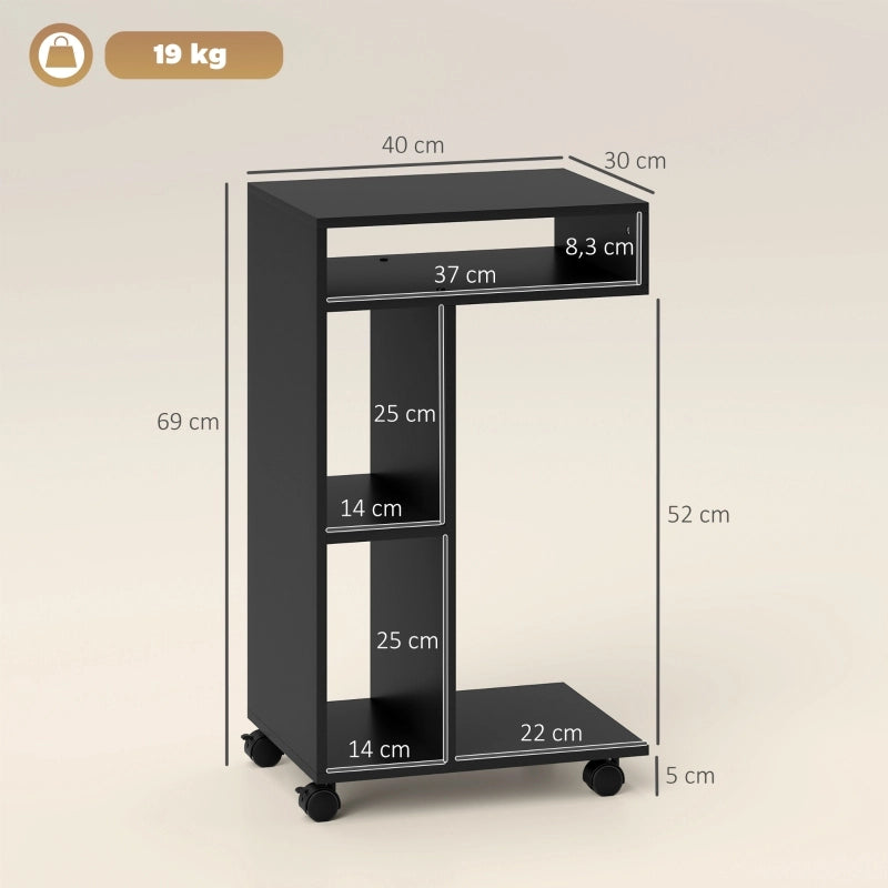 TAVOLINO LATERALE A C 40 x 30 x 69 cm Nero con 3 scomparti e ruote