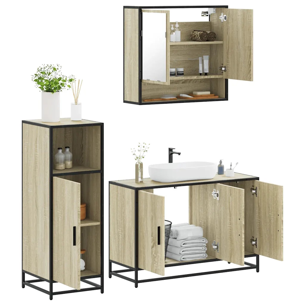 Set Mobili da Bagno 3 pz Rovere Sonoma in Legno Multistrato
