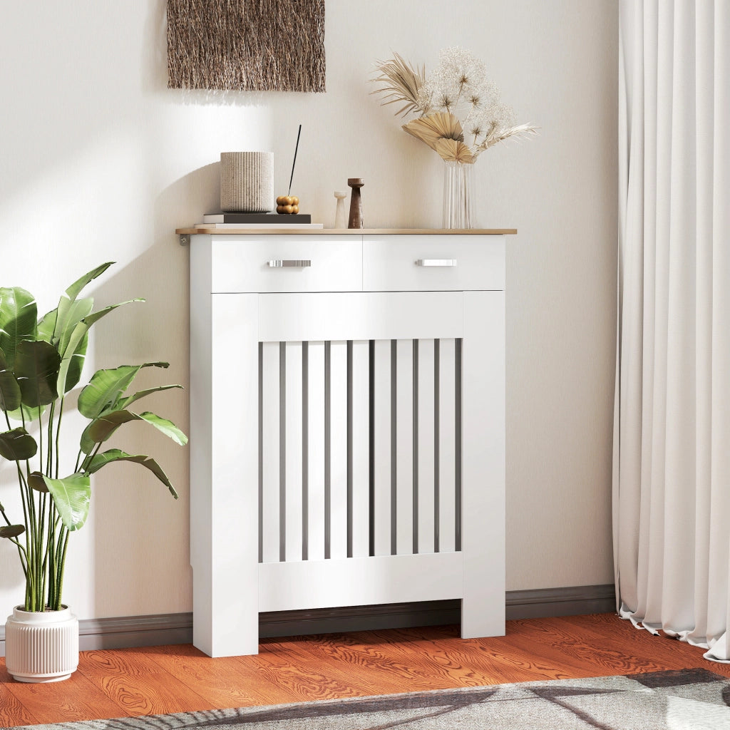 Copritermosifone a Doghe Antiribaltamento con Cassetto, in Legno, 78x19x97 cm, Bianco